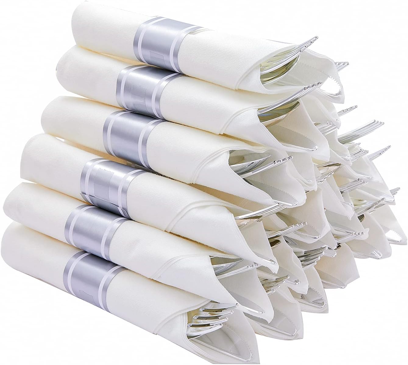 N9R 75 Pack Pre Rolled Silver Plastic Cutlery Set, Wrapped Plastic Silverware Se...