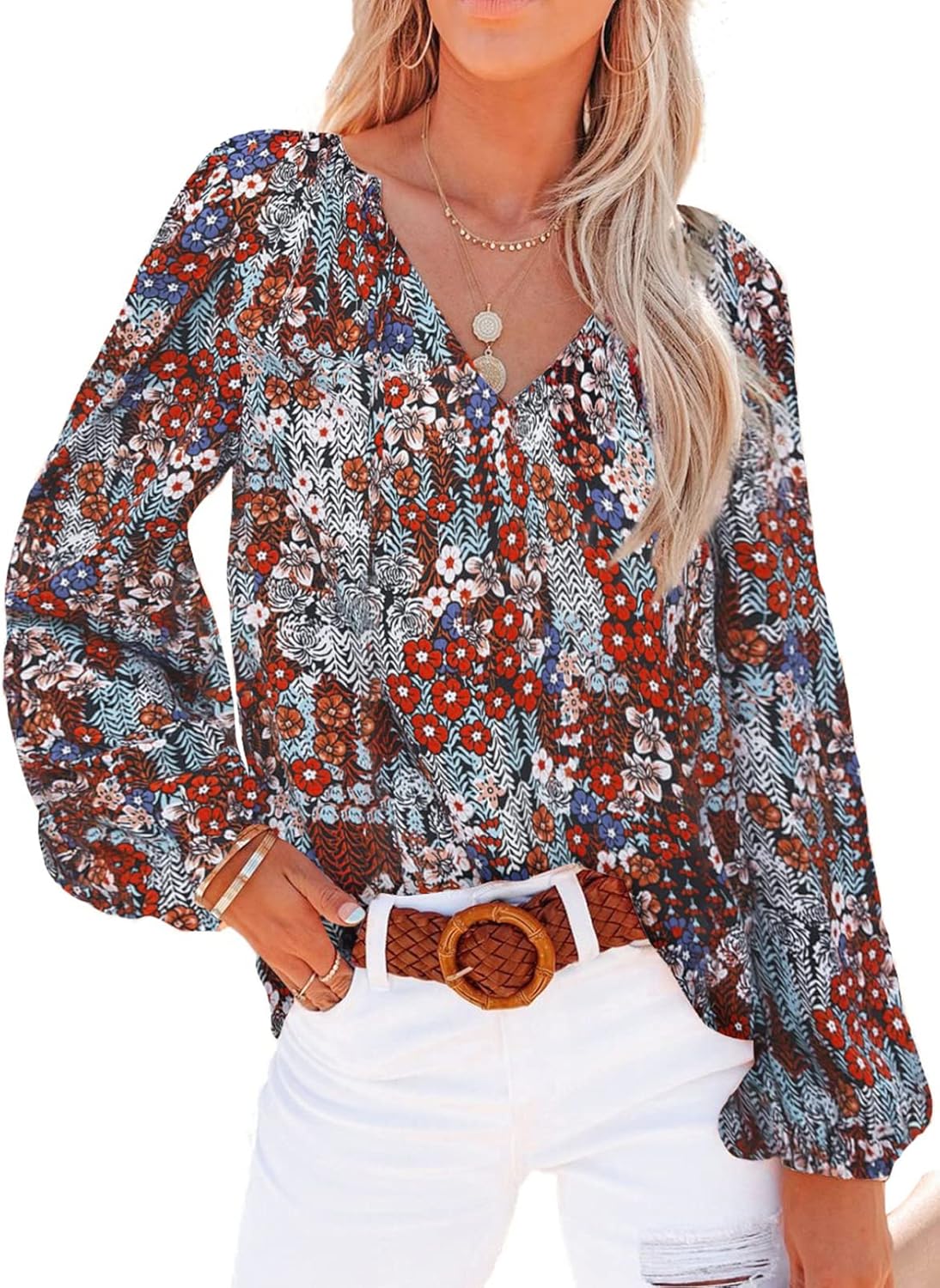 Dokotoo Women’s Casual Shirt, Special Boho Floral Print V Neck Blouse, Stylish L...