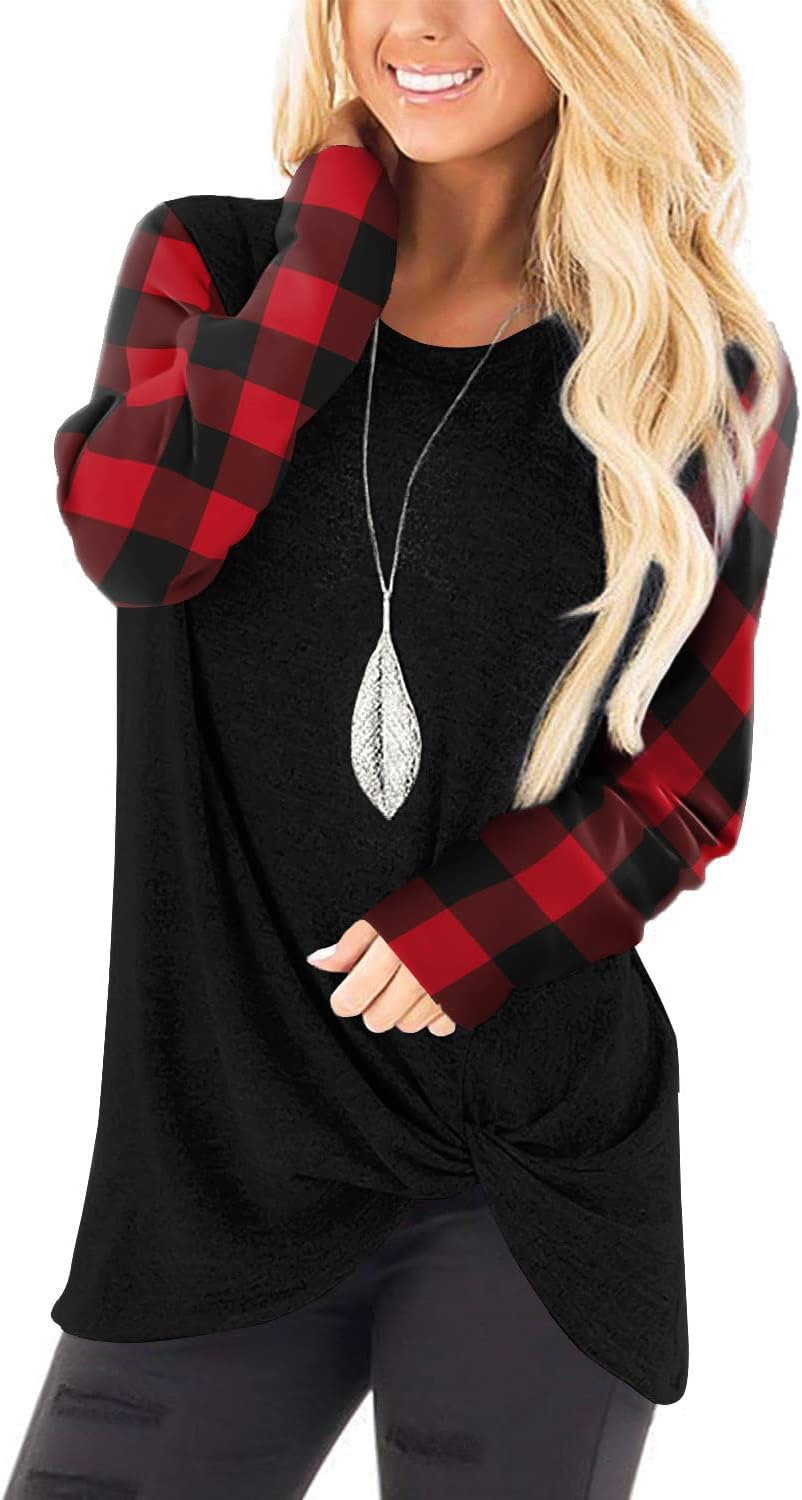 SAMPEEL Women's Tunic Tops Twist Knot Casual Pullover Shirts 009- Plaid Medium