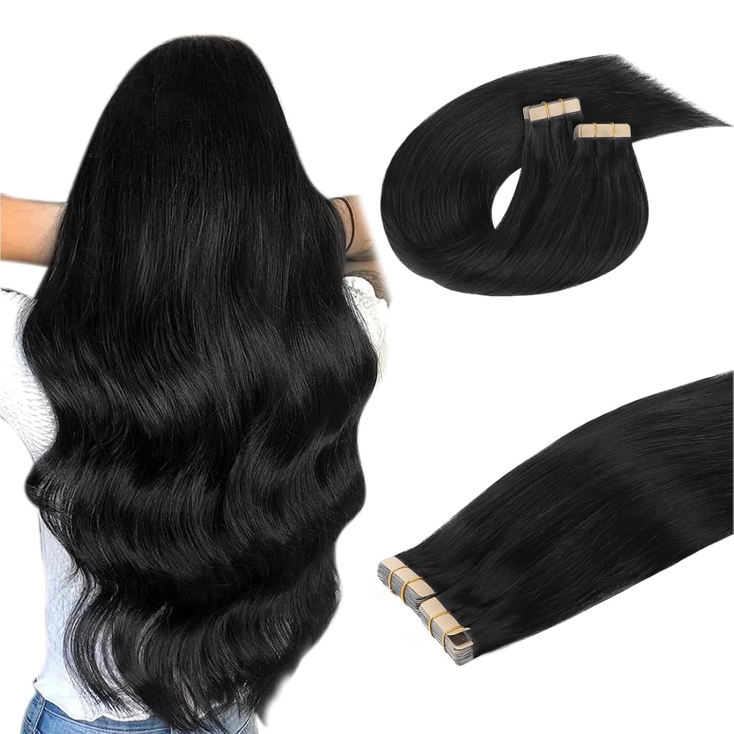 DOORES Human Hair Extensions Tape in, Jet Black 26 Inch 120g 40pcs, Tape in Exte...