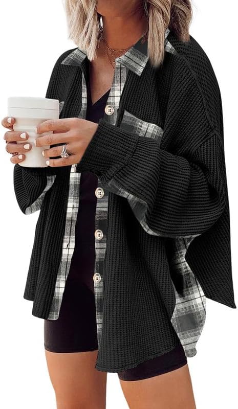 SHEWIN Womens Waffle Knit Plaid Shacket, Special Boyfriend Button Down Shirt Jac...