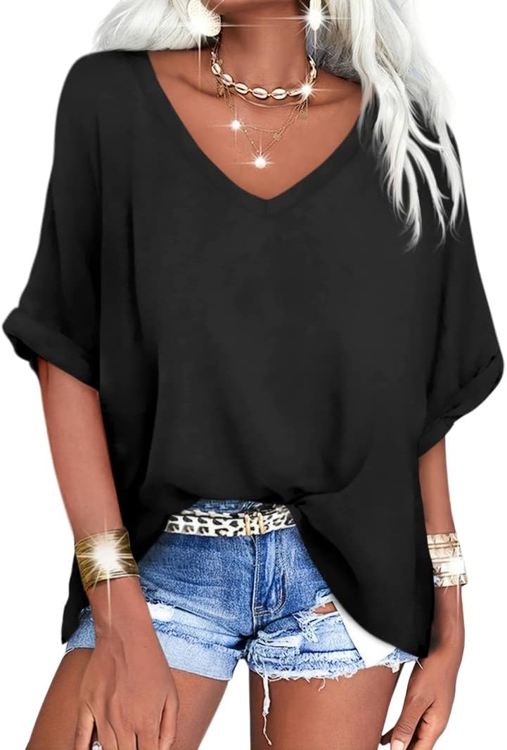 Langwyqu Women's Oversized T Shirts, Special V Neck Short Sleeve Summer Casual L...