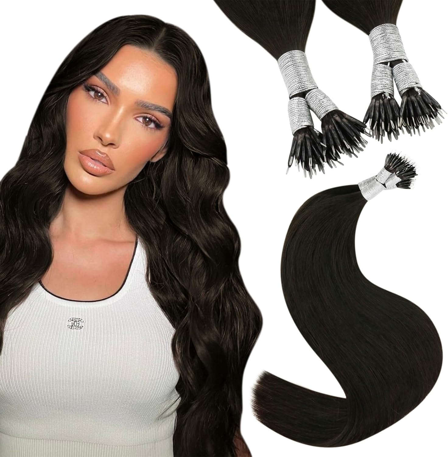 YoungSee Nano Hair Extensions Real Human Hair Dark Brown Nano Beads Hair Extensi...