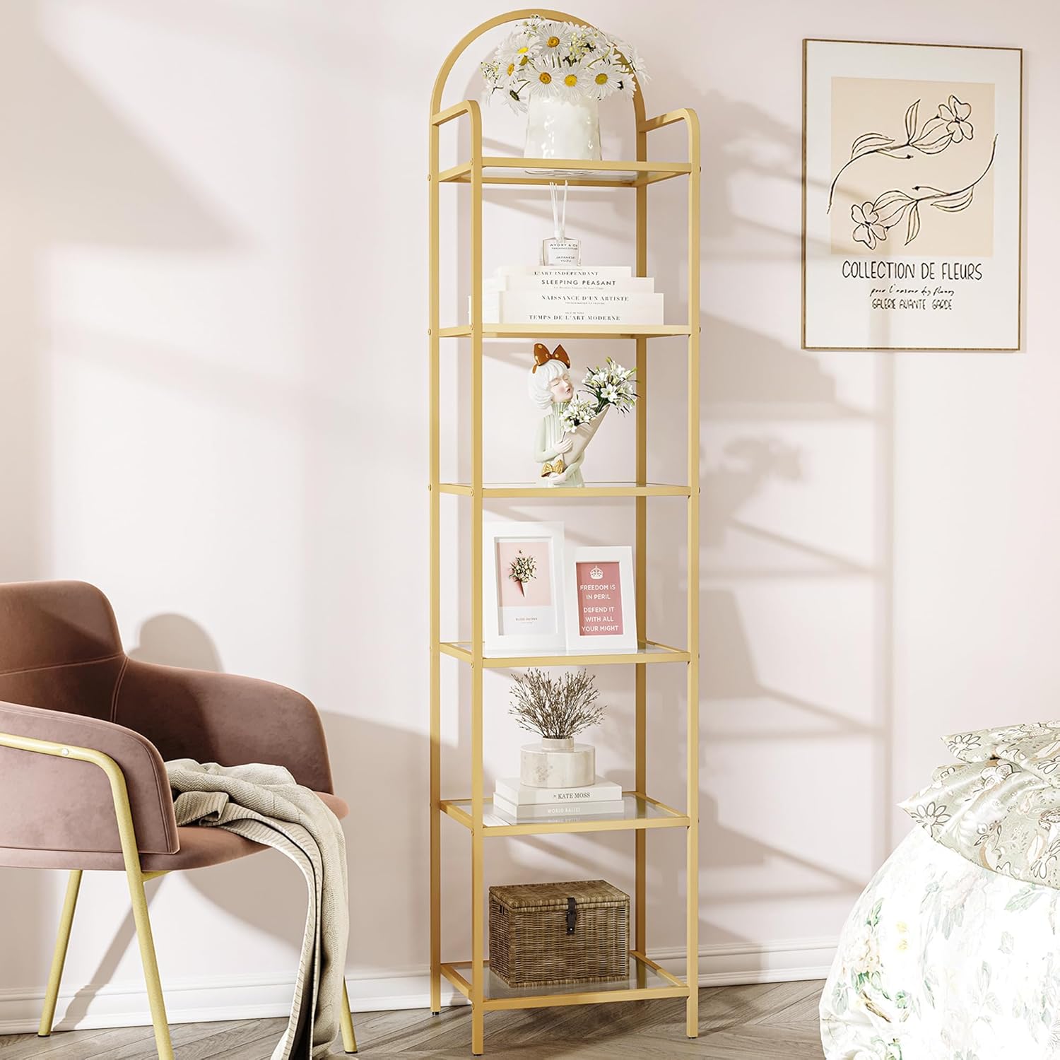 Gold BC10601G Bookshelf, Special Bookcase with Tempered Glass Shelves, Innovativ...