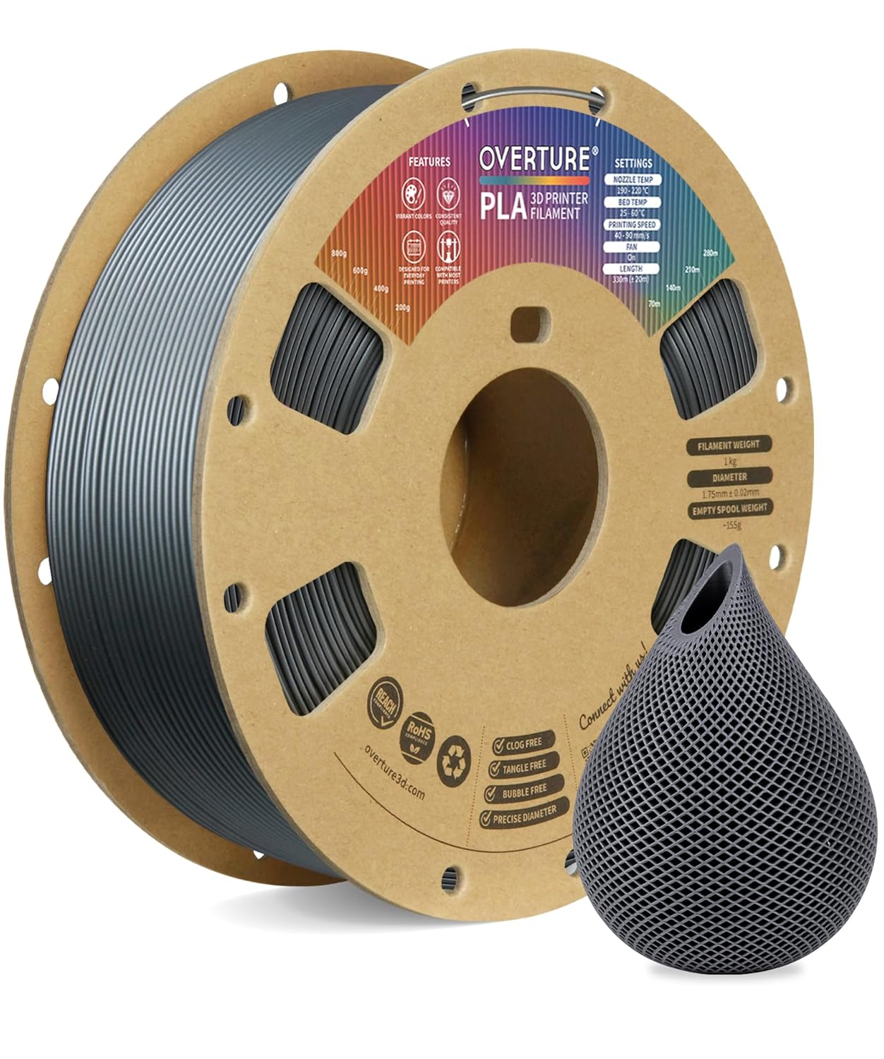 OVERTURE PLA Filament 1.75mm PLA 3D Printer Filament, 1kg Cardboard Spool (2.2lb...