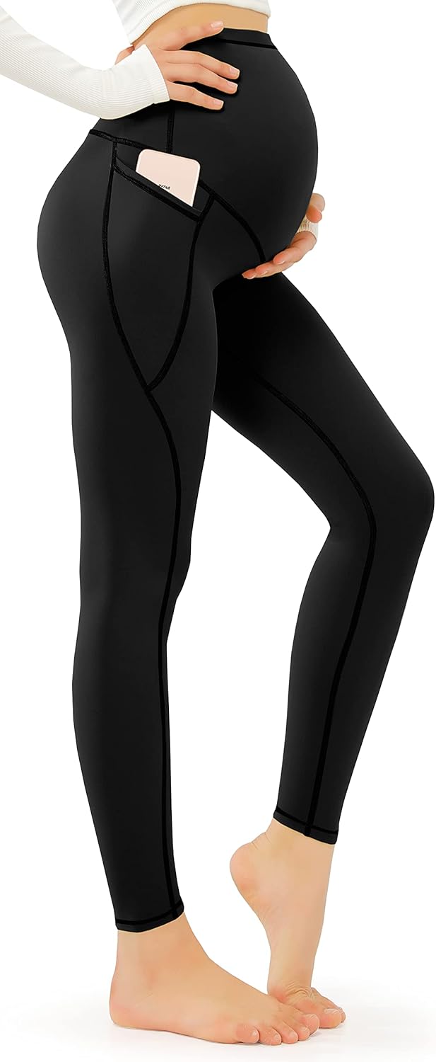 JOYSPELS Smooth Feeling Maternity Leggings Over The Belly with Pockets Workout P...