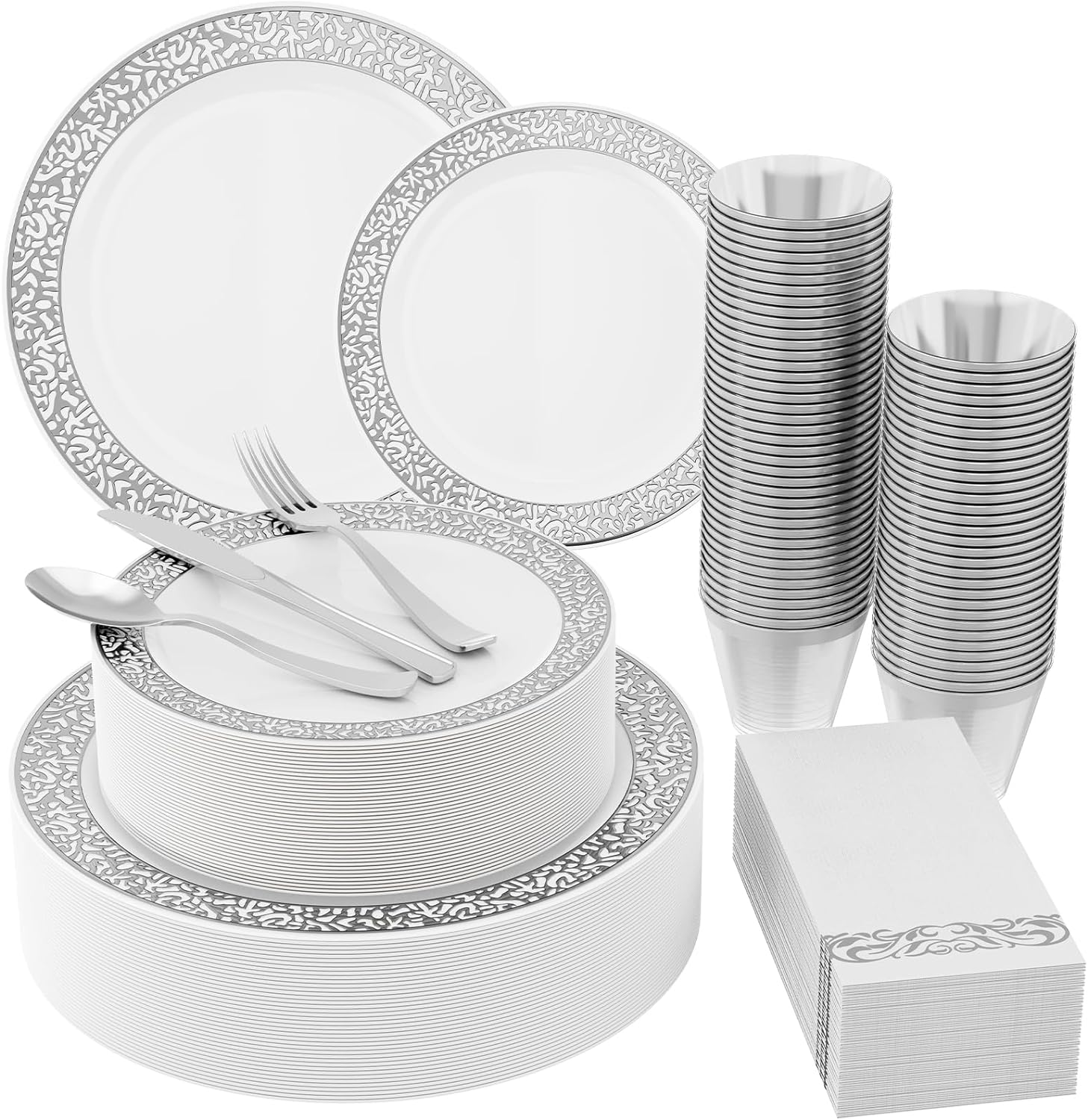 210 Count Silver Plastic Dinnerware, Special Silver Disposable Plates, High-Qual...