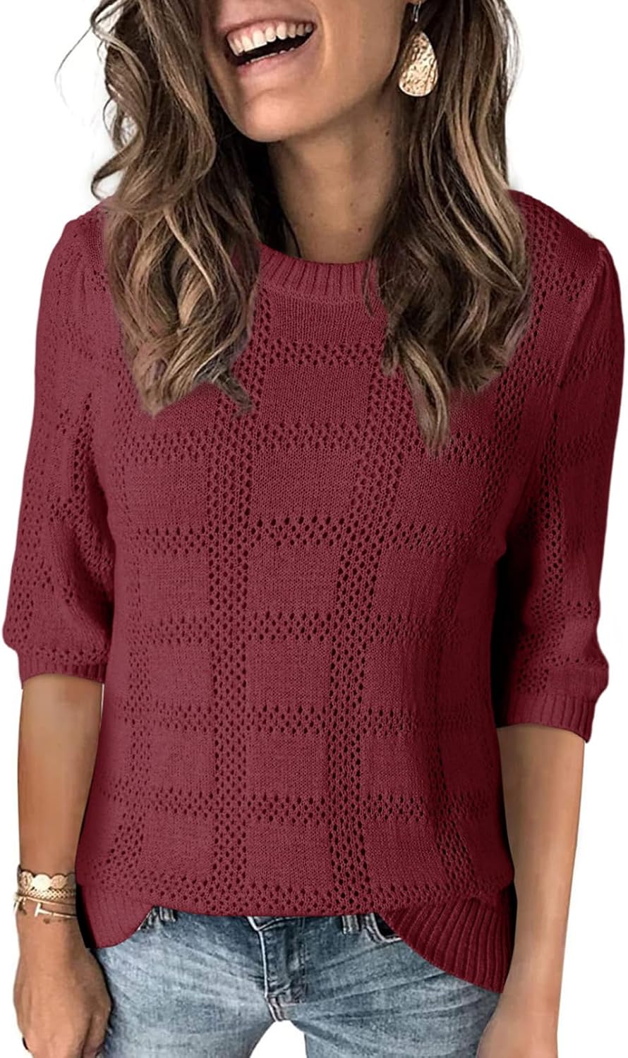 Dokotoo Women's Casual Short Sleeve Loose Tunic Tops Lightweight Crochet Knit Su...
