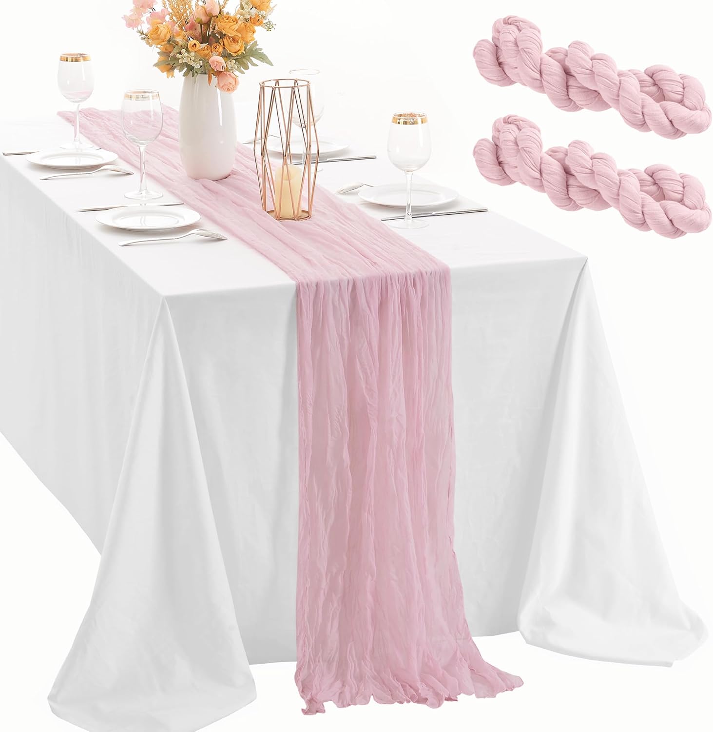 Leetaltree 2 Pack Pink Cheesecloth Table Runner, 35x120 Inch Boho Rustic Cheese...