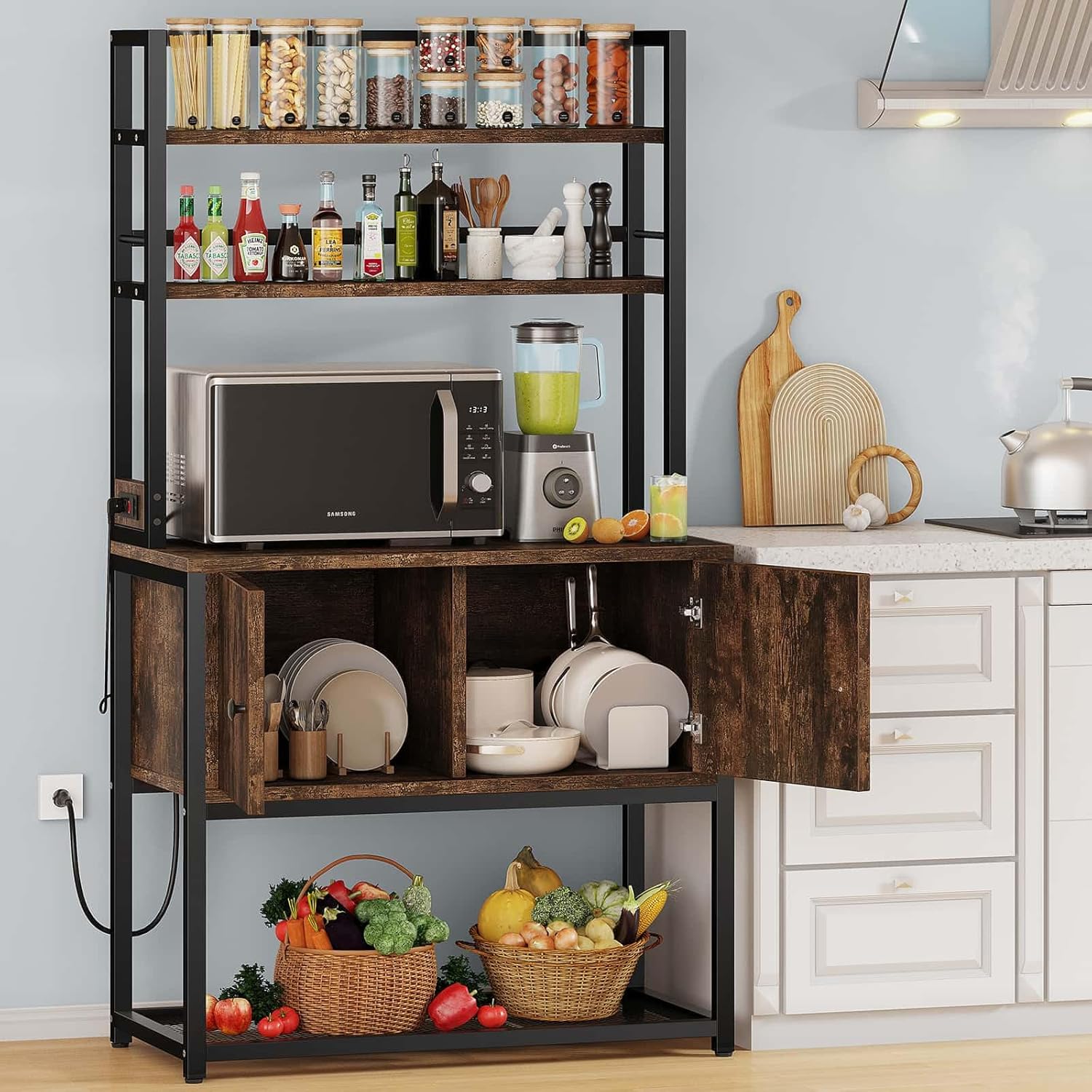 Denkee Bakers Rack with Storage Cabinet, 31.5 Inches Microwave Stand with Power...