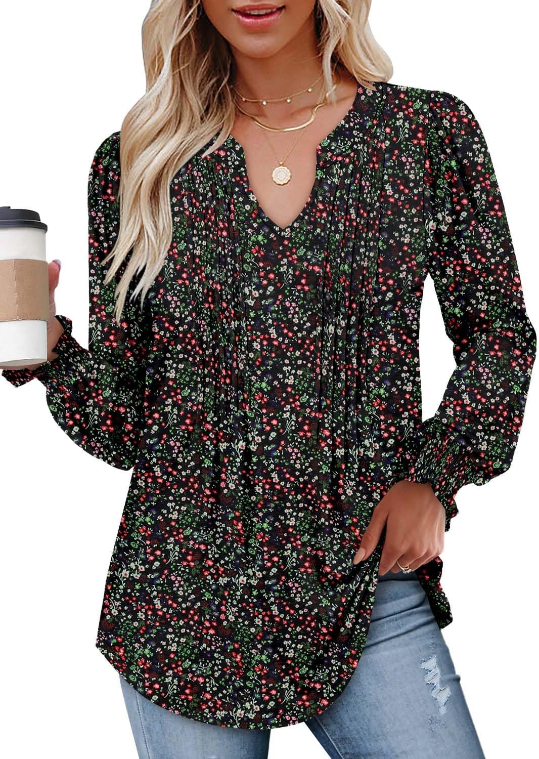 CHICZONE Womens Tunic Tops Puff Long Sleeve T-Shirt Pleated V Neck Blouse Shirts...