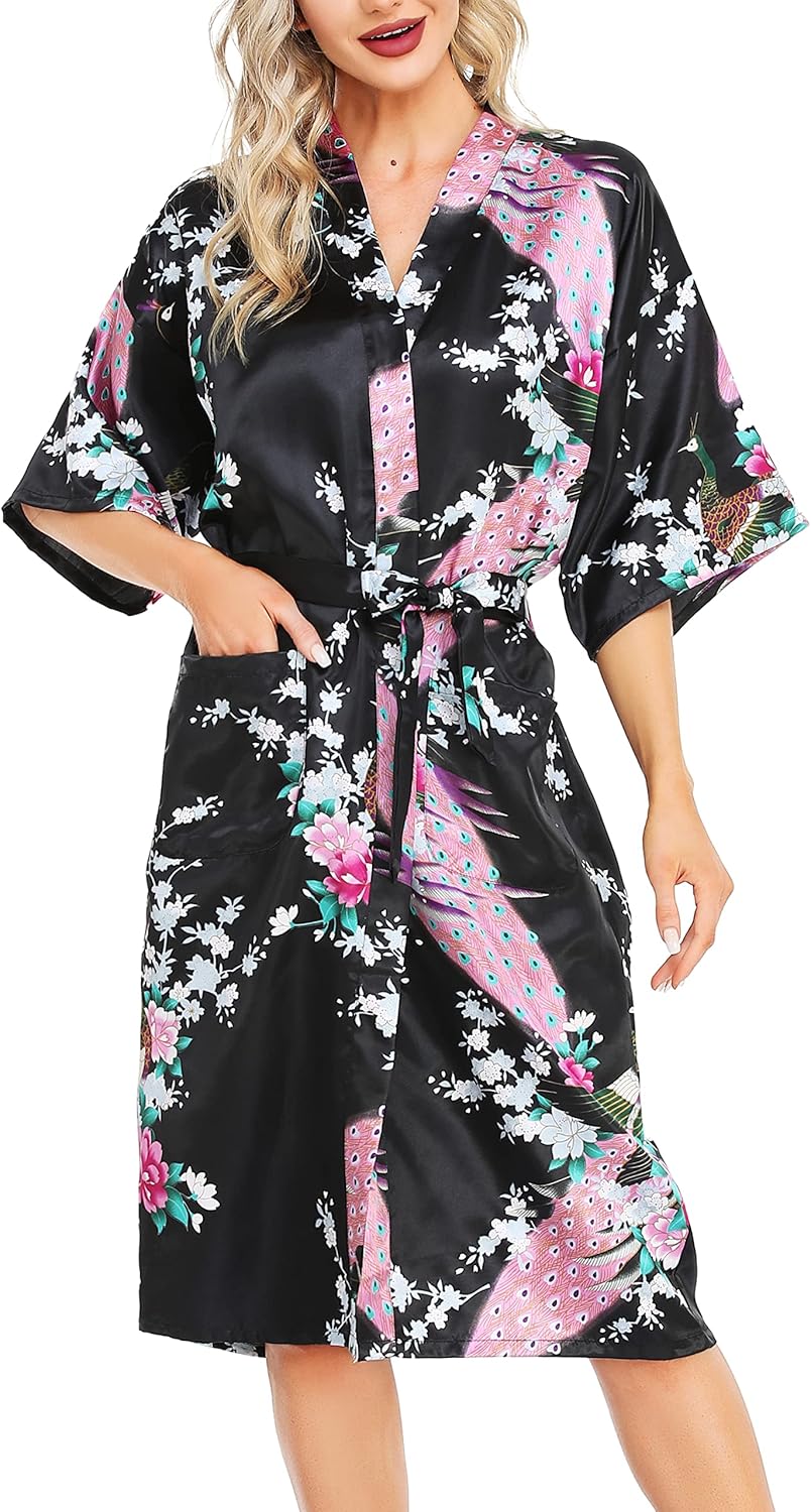 Lovasy Kimono Dressing Gowns, Special Satin Kimono Robe With Peacock And Blossom...