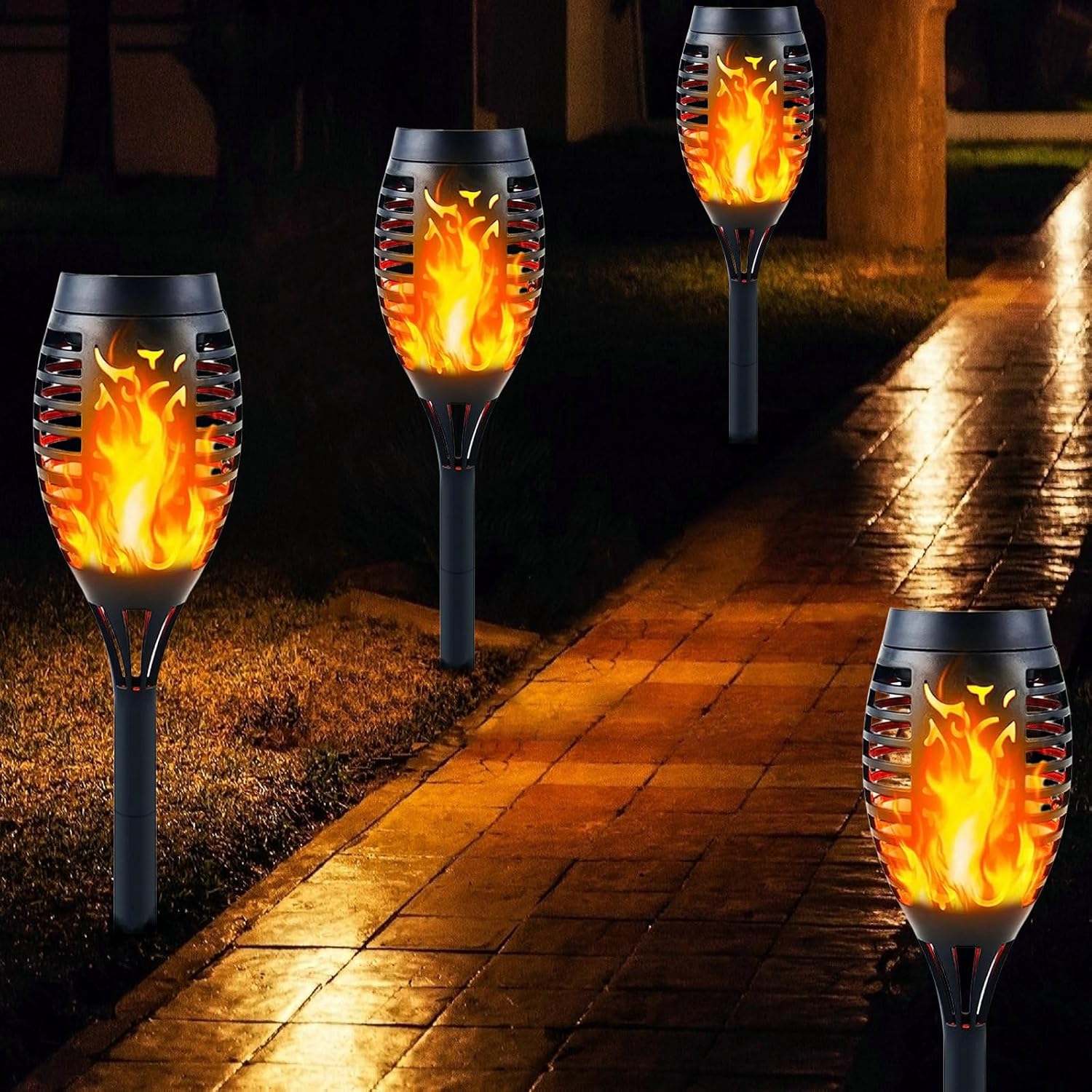Solar Lights Outdoor Garden, 4 Pack Solar Flame Lights LED Warm Flickering Flame...