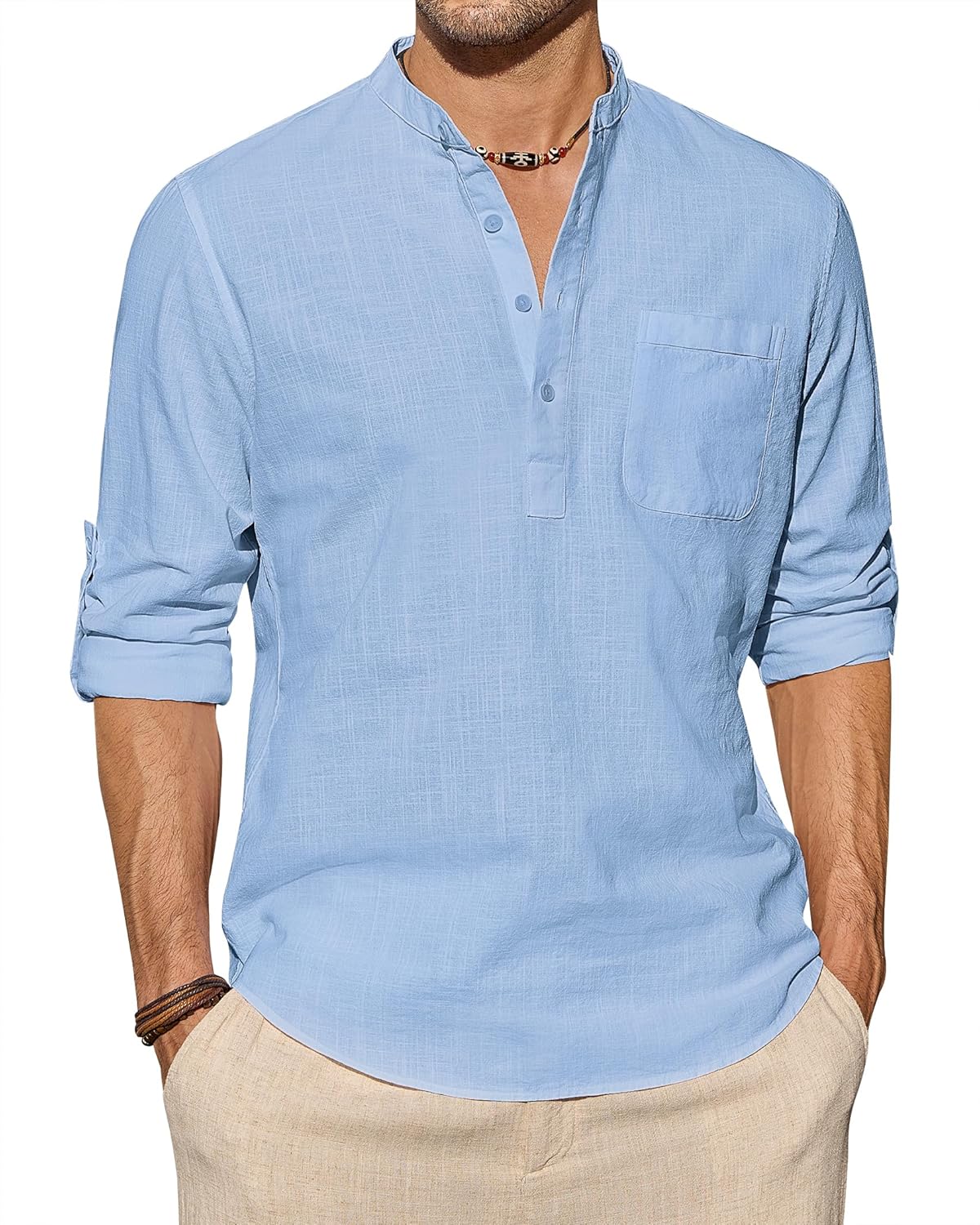 J.VER Mens Henley Linen Shirt, Special Casual Shirt with Banded Collar, Innovati...