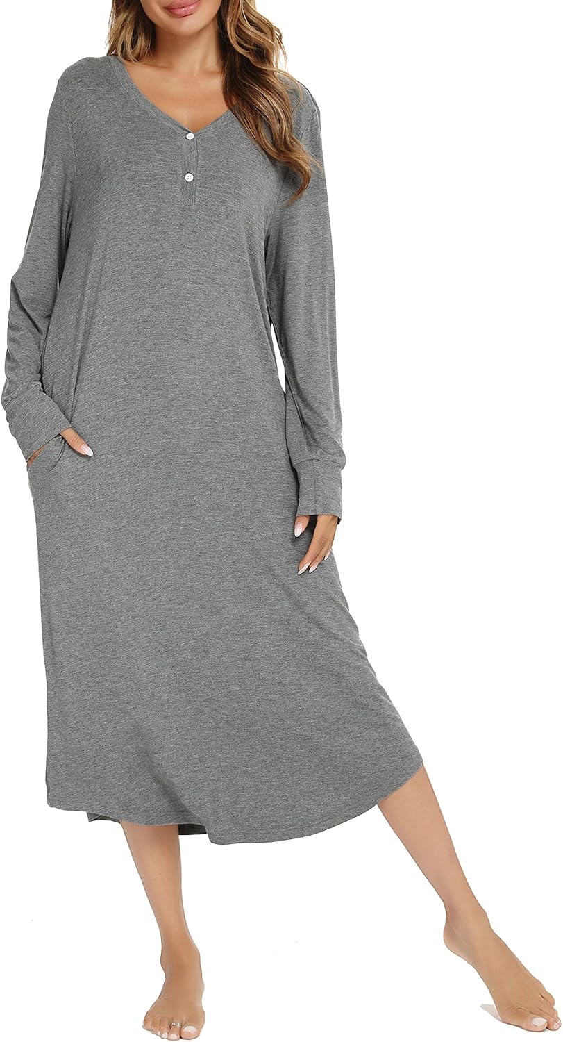 Vlazom Women's Long Nightgowns, Special V Neck Button Down Sleep Shirt, Soft Nig...
