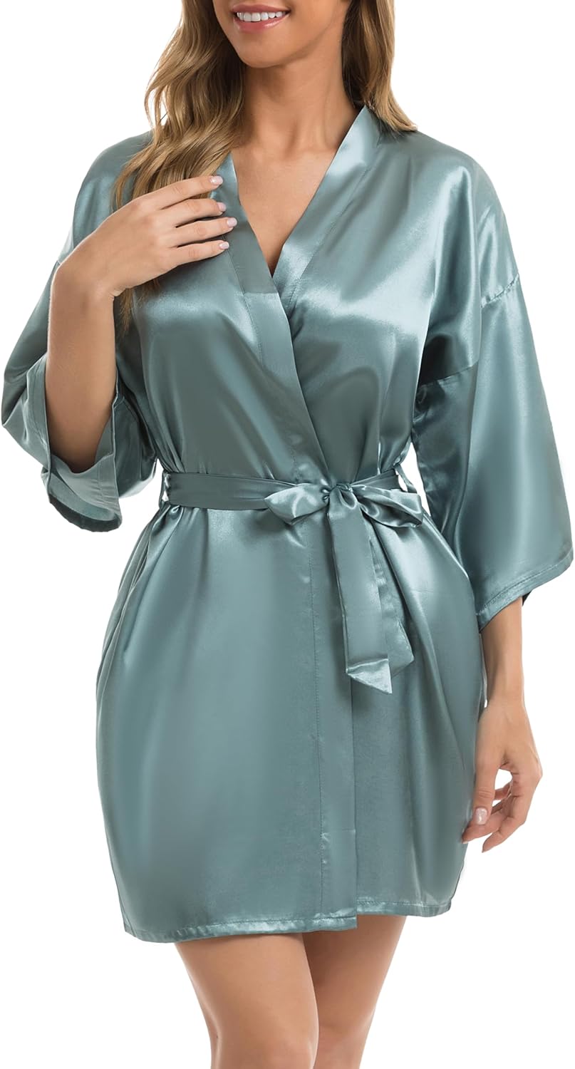 Vlazom Womens Kimono Robes Dressing Gown Satin Bathrobe Nightdress Short Style B...
