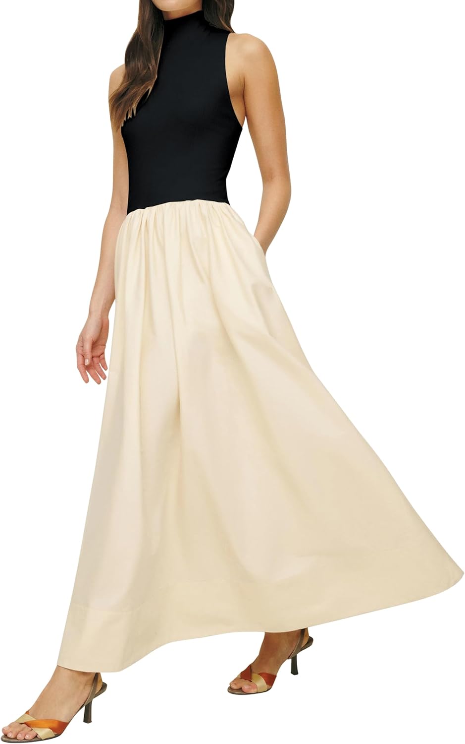 Lauweion Women's Sleeveless Turtleneck Maxi Dress Patchwork Casual Solid Flowy M...