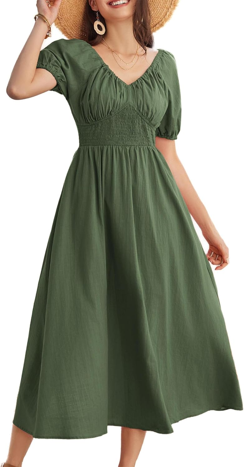 GRACE KARIN Women’s Summer Puff Short Sleeve A-Line Dress Casual Maxi V-Neck Smo...