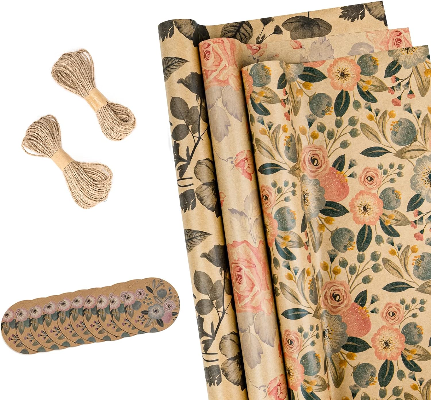 RUSPEPA Wrapping Paper Rolls with Tags, Jute String - 43 cm x 3 Meter per Roll,...
