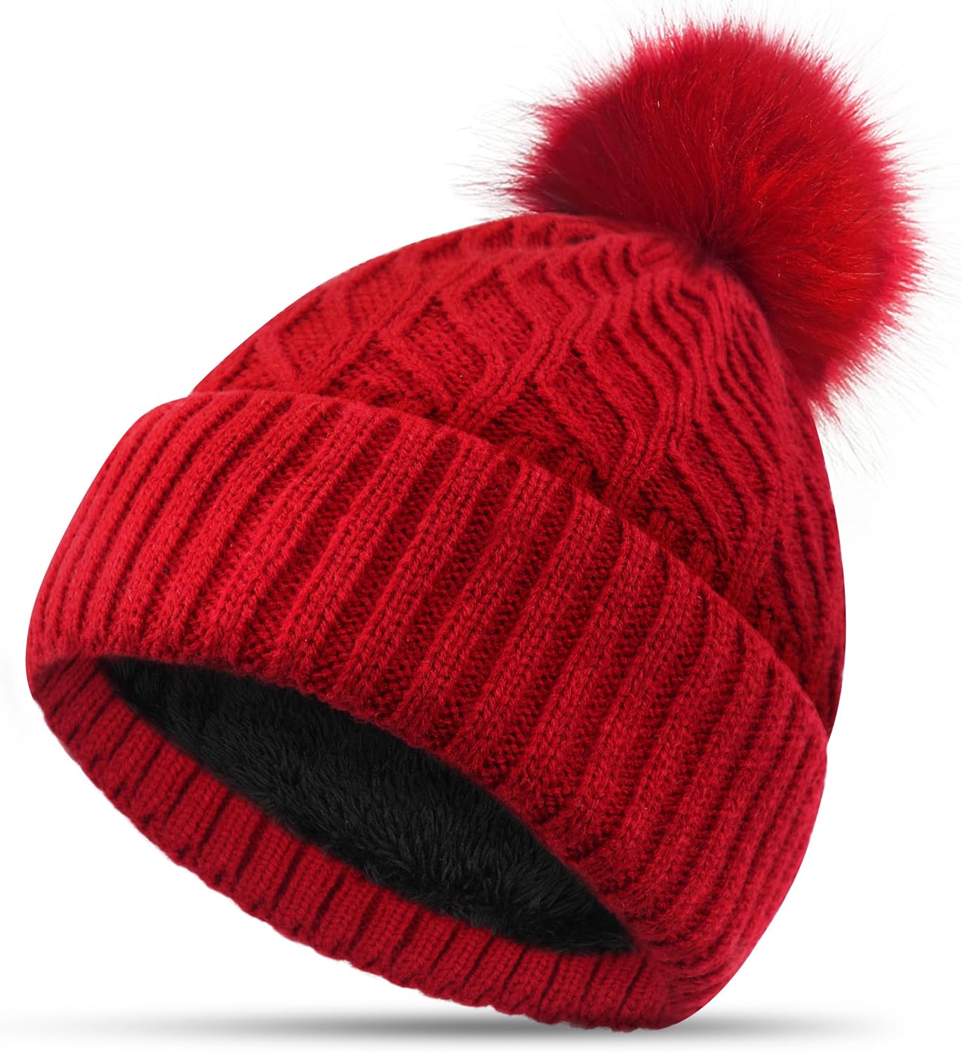FORVEVO Winter Beanie Hats for Women Bobble Hat Thermal Layer Fleece Line with P...