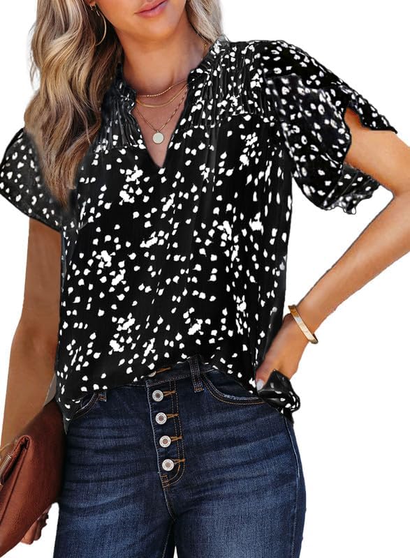 Dokotoo Women's Casual V Neck Blouse, Special Floral Print Smocked Short Sleeve...