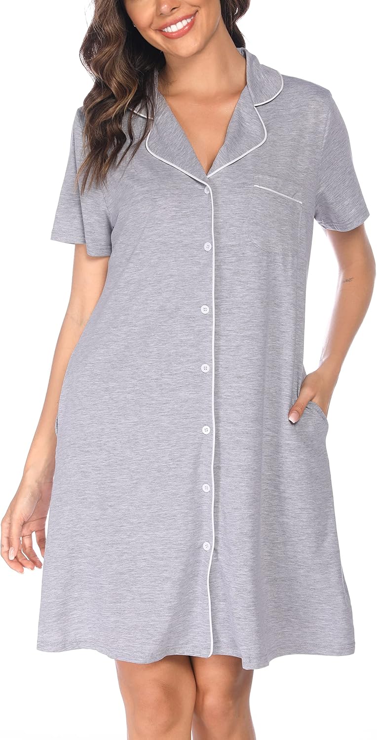 Vlazom Women Soft Nighties V-Neck Button Down Nightdress Classic Boyfriend Style...
