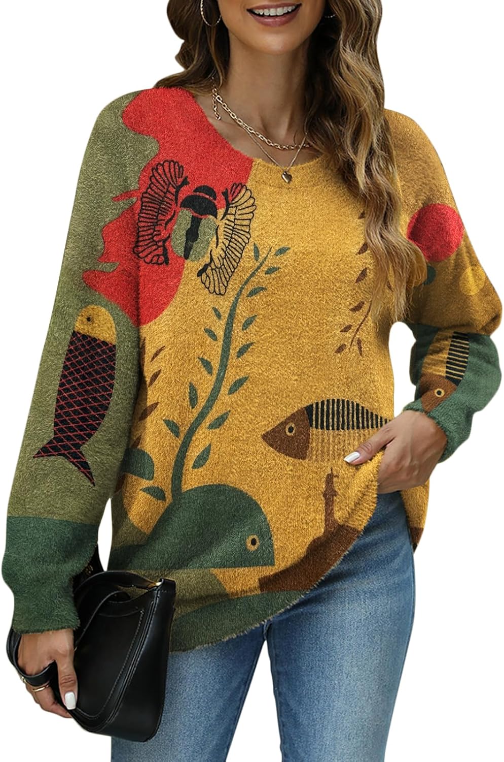 Women Christmas Sweater, Unique Ugly Sweater Graphic, Special Oversized Long Sle...