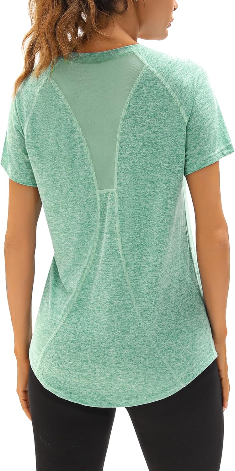 Wayleb Gym Tops Women Sports Yoga Running Top V Neck Quick Dry Fitness T-Shirt L...