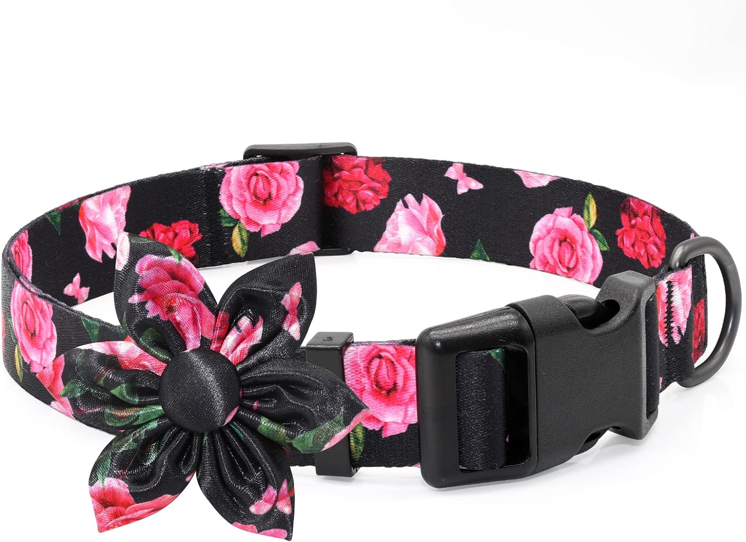 Floral Female Dog Collar, Fancy Black Dog Collar with Flower Bowtie, Special Dog...