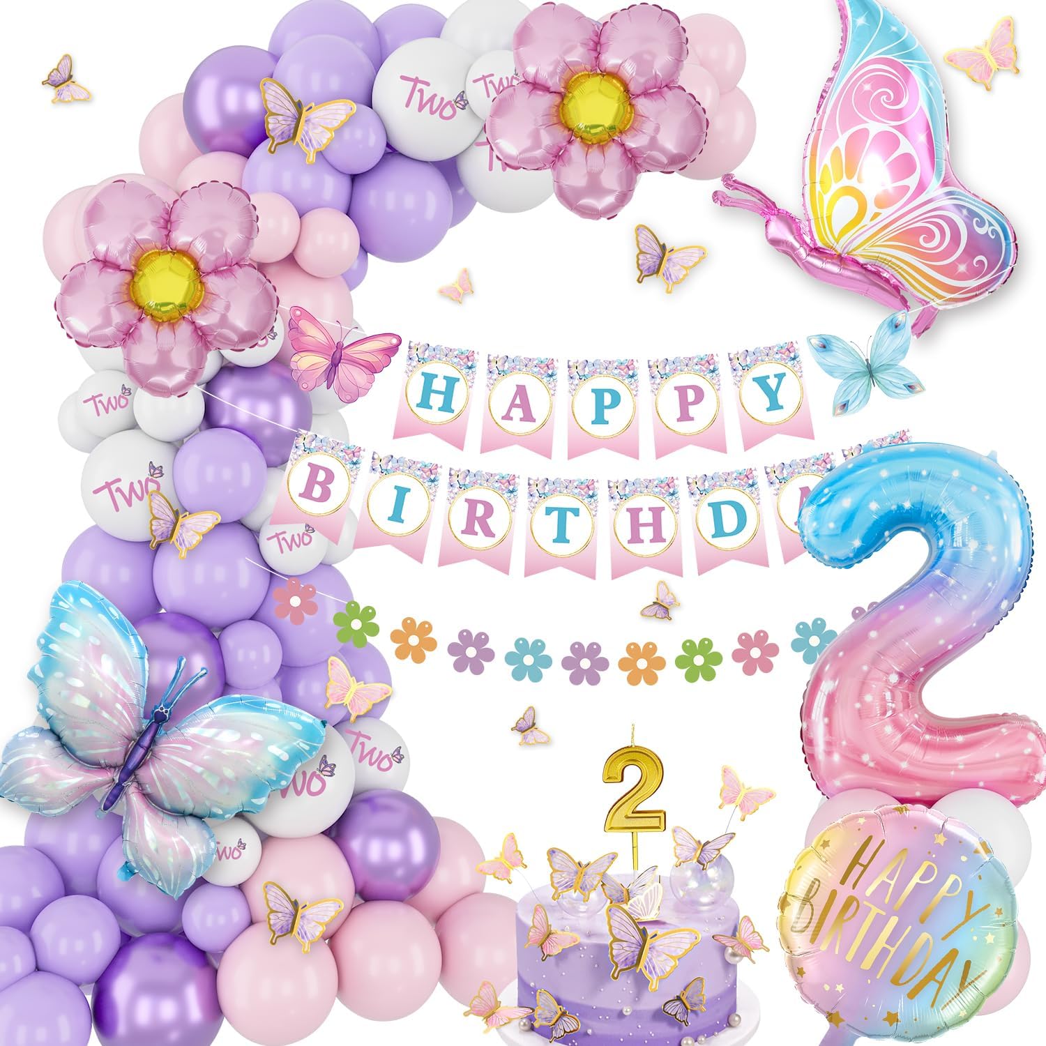 2nd Birthday Decorations for Girls, Pink Purple Birthday Balloons, Butterfly Bir...