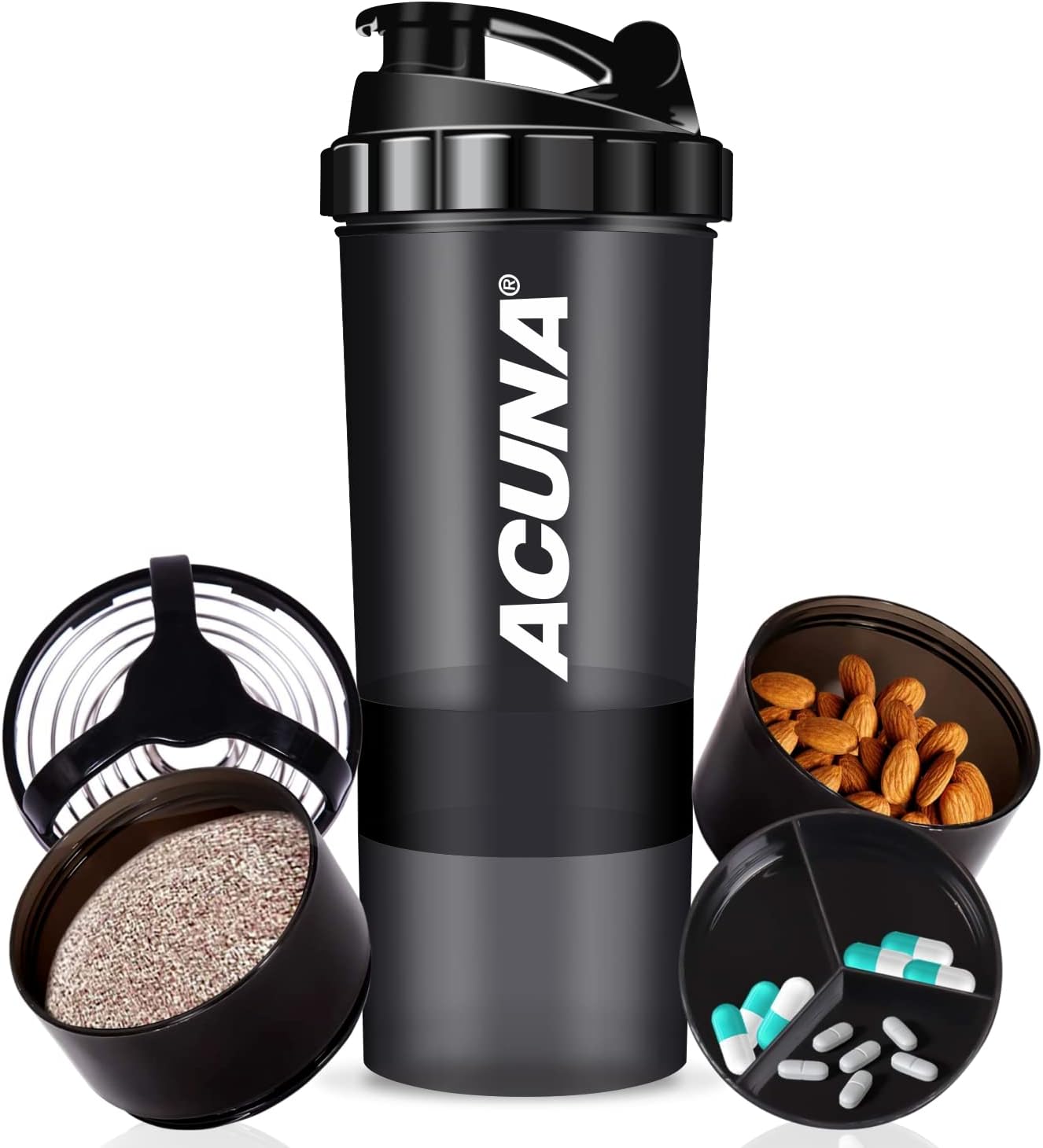 ACUNA Protein Shaker Bottle 600ml- 3 Layered Twist Off Cups For Pill & Supplemen...