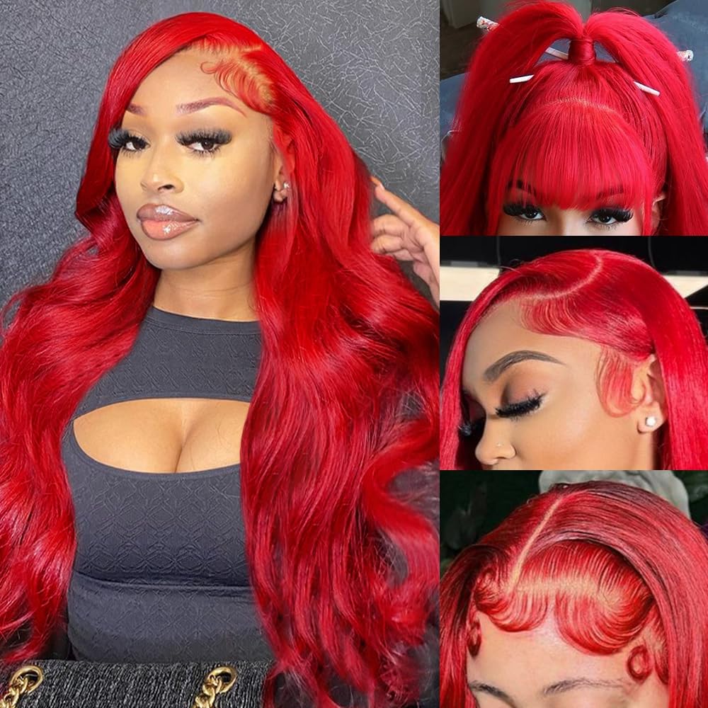 Red Lace Front Wigs, Special Human Hair Pre Plucked Wig, High-Quality 13x4 Body...