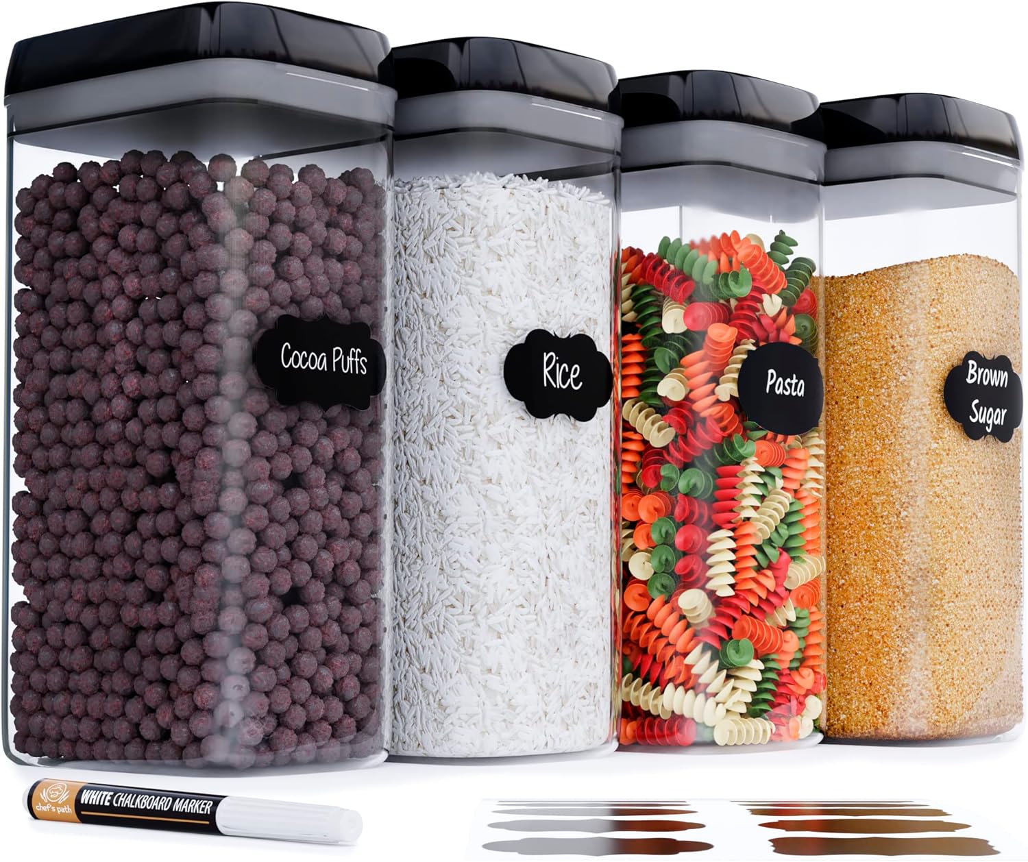Chef's Path Airtight Food Storage Boxes with Labels - Kitchen Storage - Flour, C...