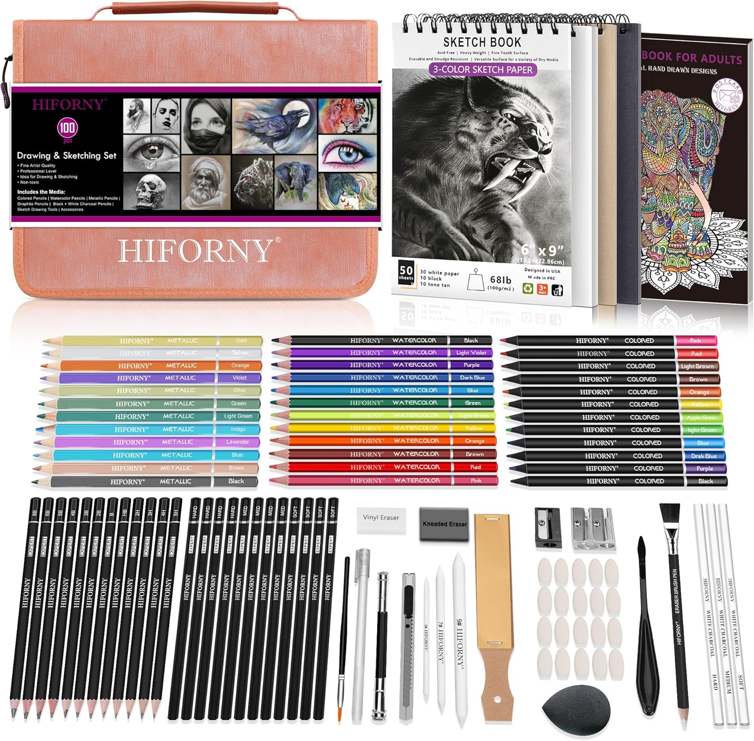 HIFORNY 100 PCS Drawing & Sketching Set, Professional Art Supplies with Graphite...