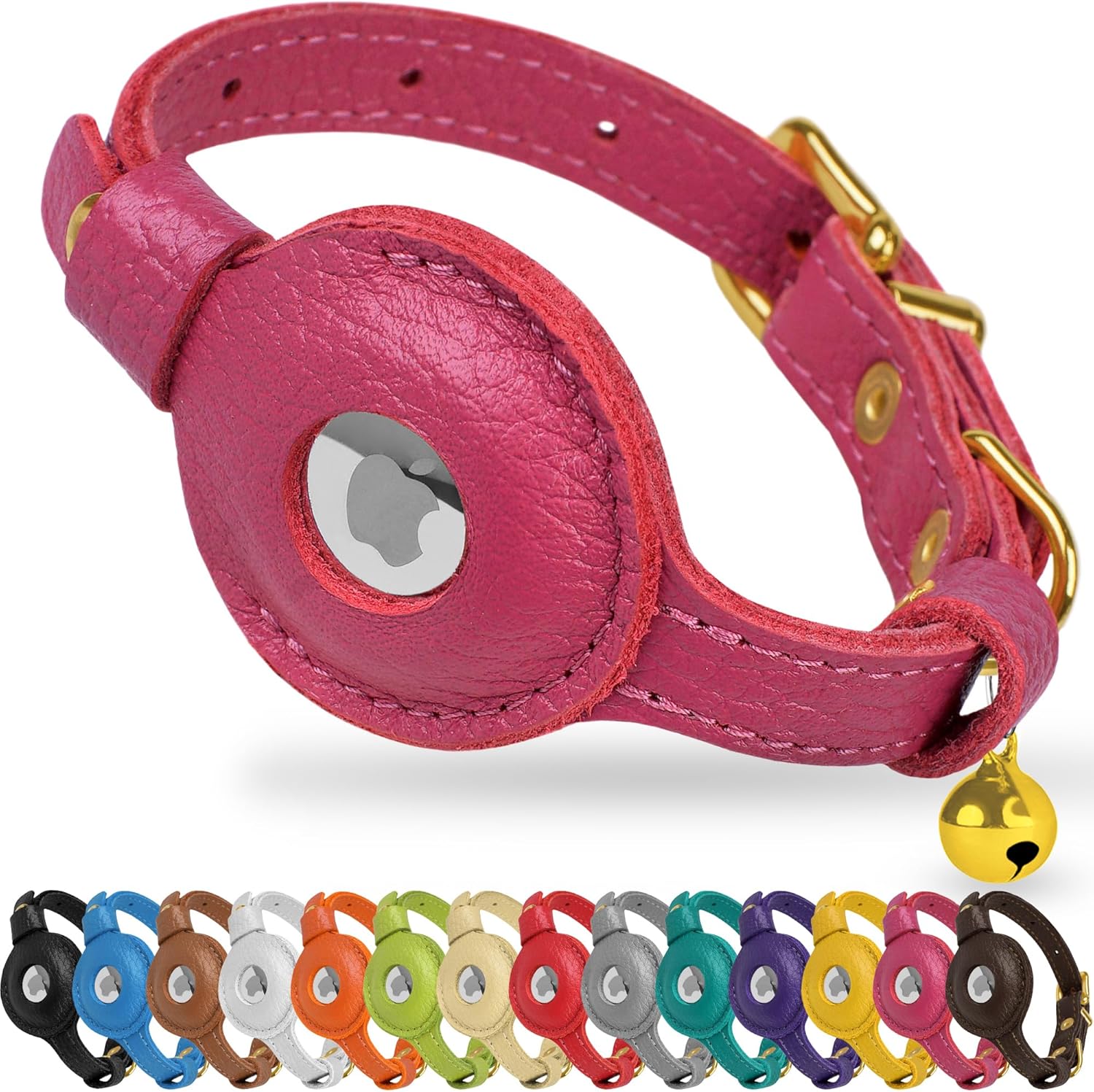 OOPSDOGGY Cat Collar with Bell for AirTag - Non Breakaway Leather Kitten Collar...