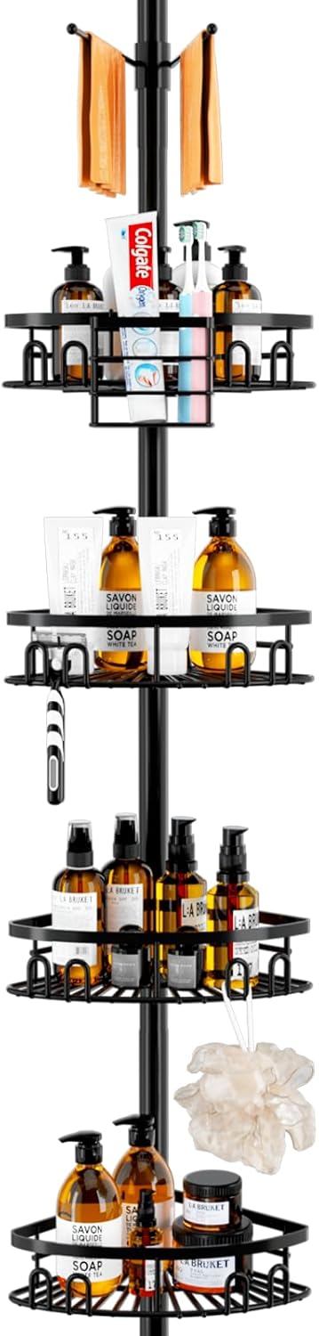 Rustproof Corner Shower Caddy Tension Pole, 4 Large Baskets for Bathtub Shampoo...