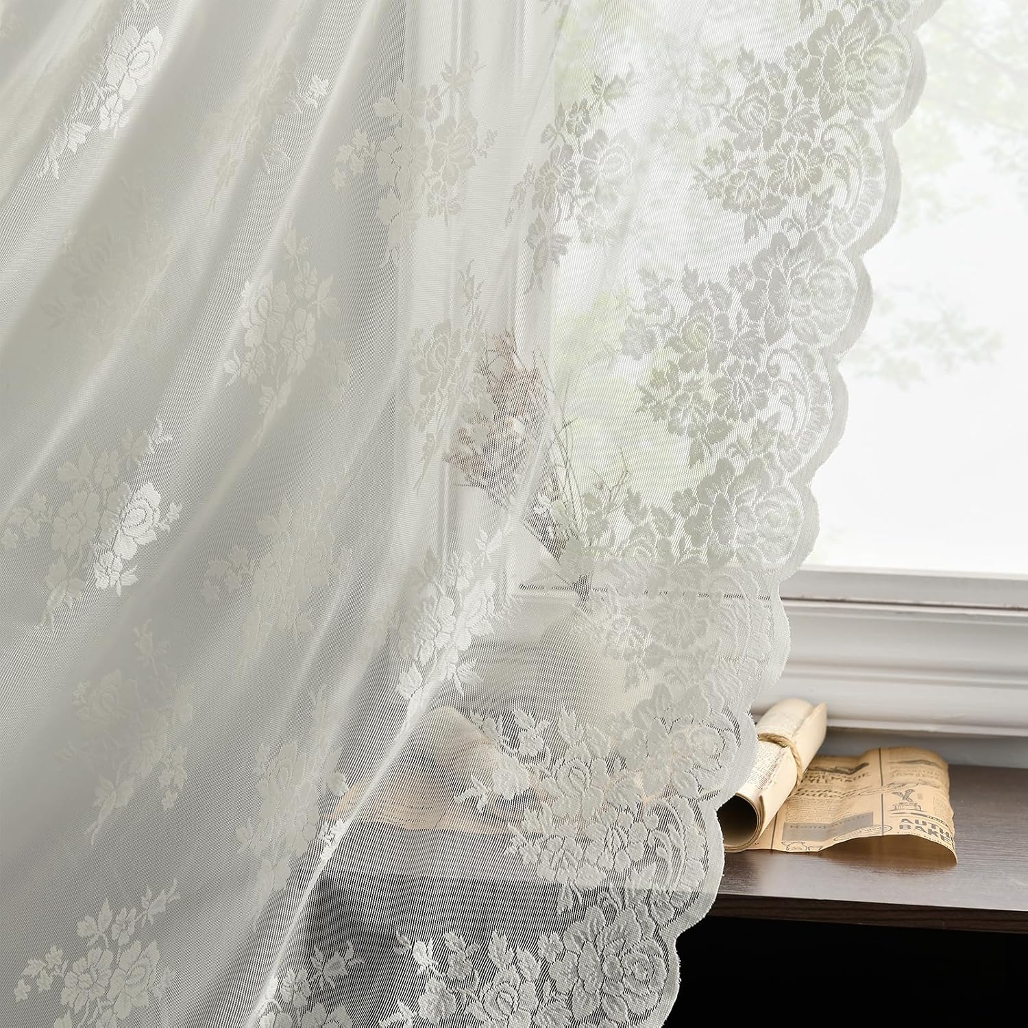 Kotile Ivory Lace Curtains 63 Inch Length 2 Panels, Country Rustic Floral Design...