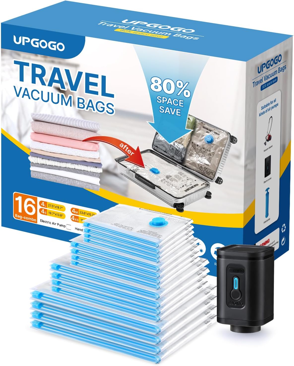 Combo 16 Pack Travel Vacuum Bags with Prtable Electric Pump,Vacuum Seal Bags for...