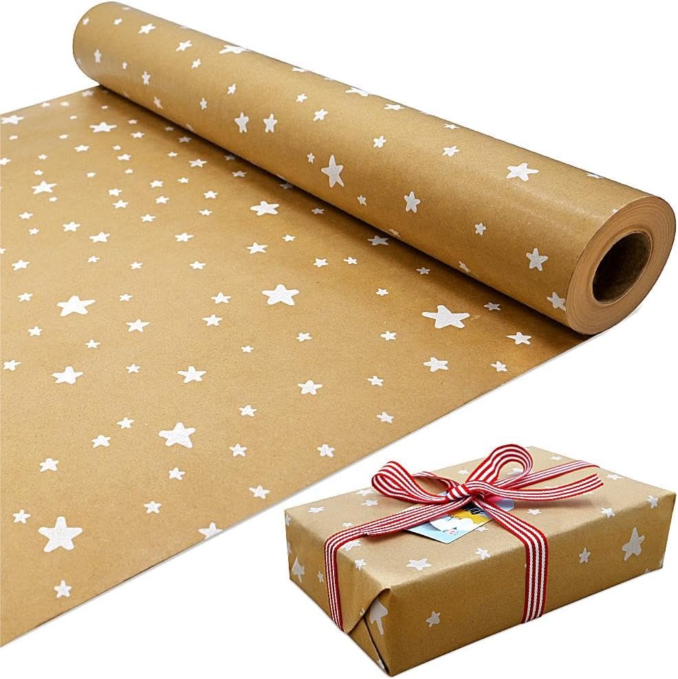 15m Roll of Kraft White Star Wrapping Paper Roll,100% Recyclable ECO Gift For Bi...