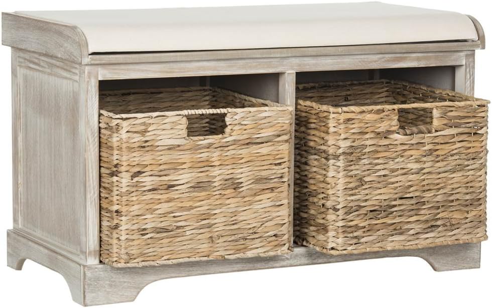 SAFAVIEH Home Collection Freddy White Wash/ Wicker Basket 2-Drawer Storage Bench...