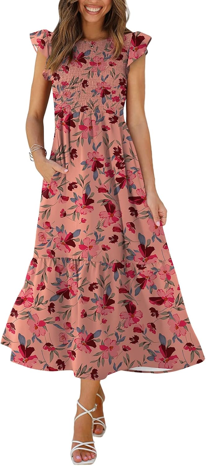 OFEEFAN Women's Casual Maxi Dresses with Pockets Ruffle Sleeve Smocked Dress XS-...