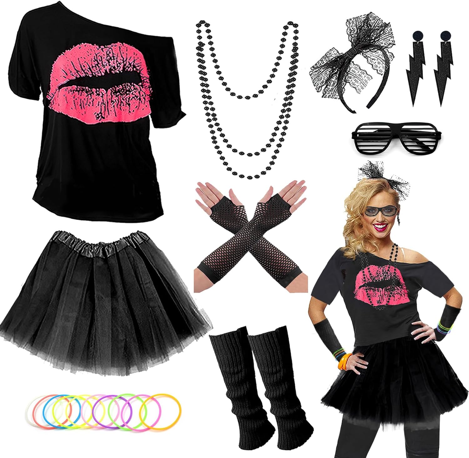 Upgraded 80s Outfit Costume for Women,80s Party Costume Accessory Sets with T-Sh...