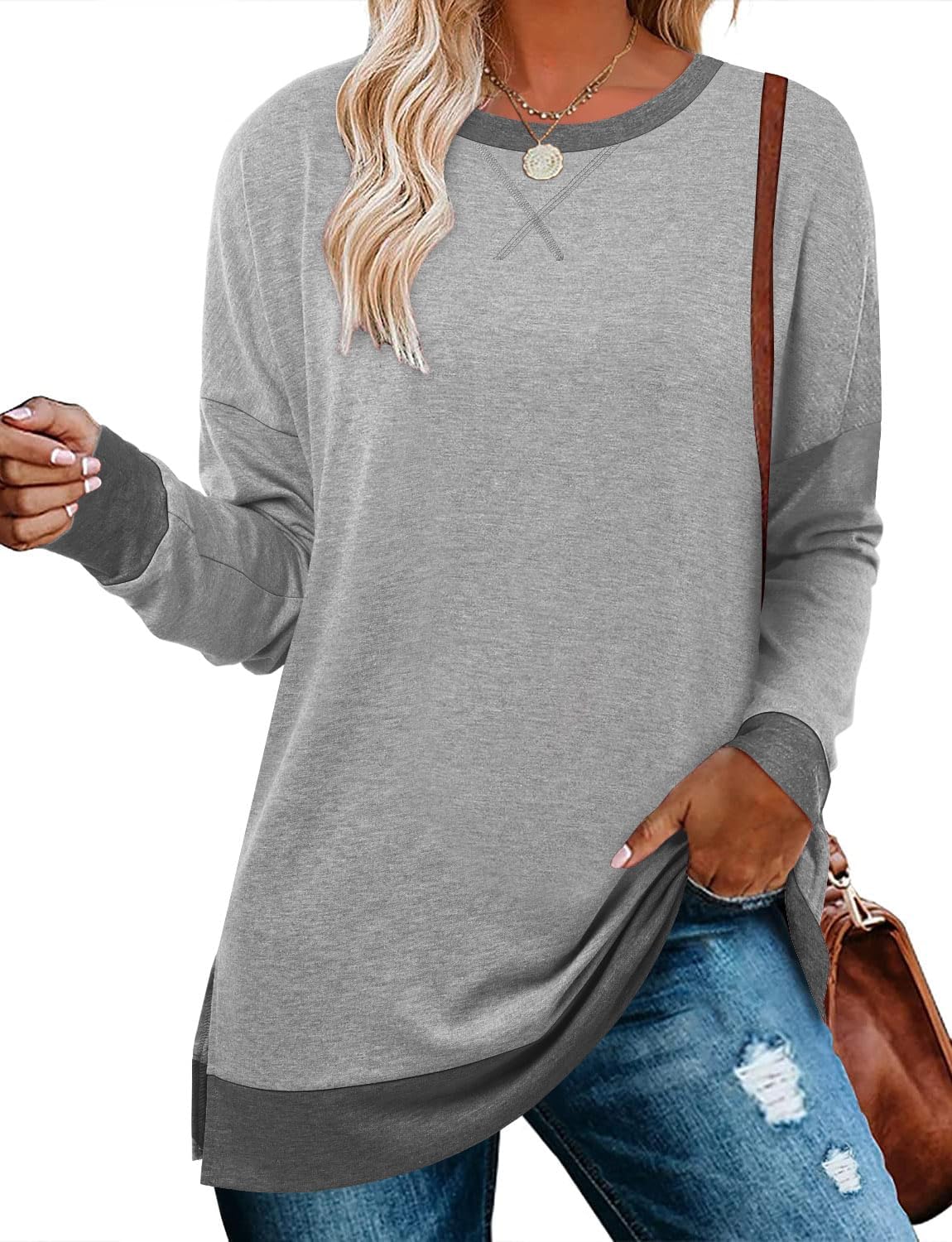 BETTE BOUTIK Women's Drop Long Sleeve Sweatshirt Tops Casual Crewneck Tunic Swea...