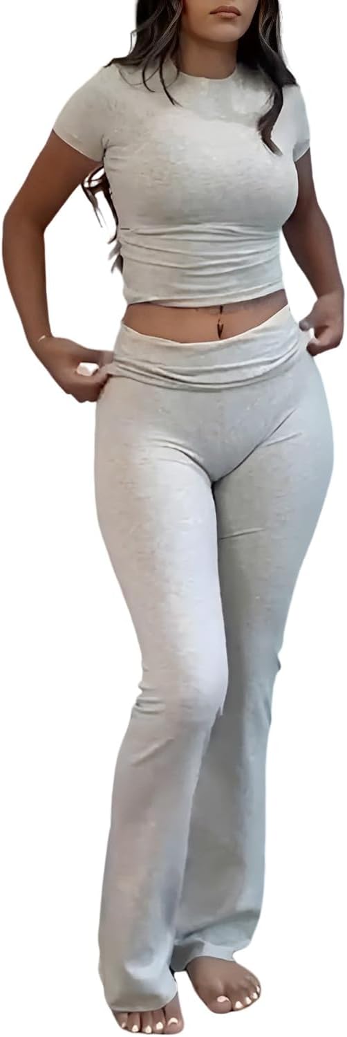 Women's 2 Piece Lounge Outfits Slim Short Sleeve Tops Low Rise Flare Leggings Se...