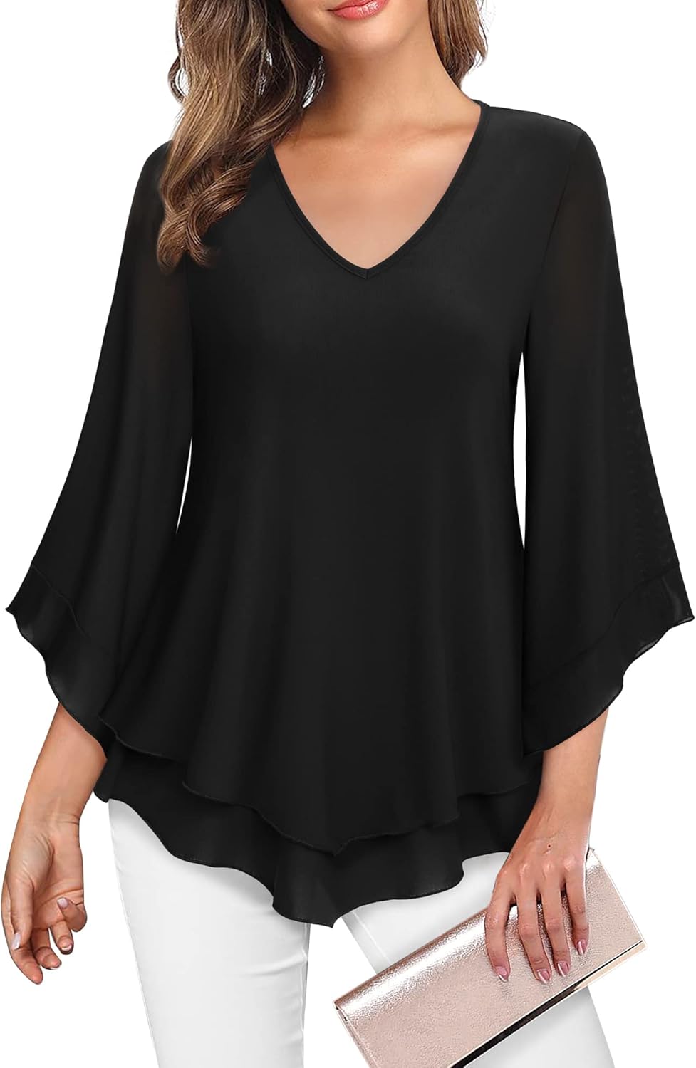 Lotusmile Womens Dressy Blouse Double Layers Mesh Shirt Ruffle 3/4 Flared Sleeve...