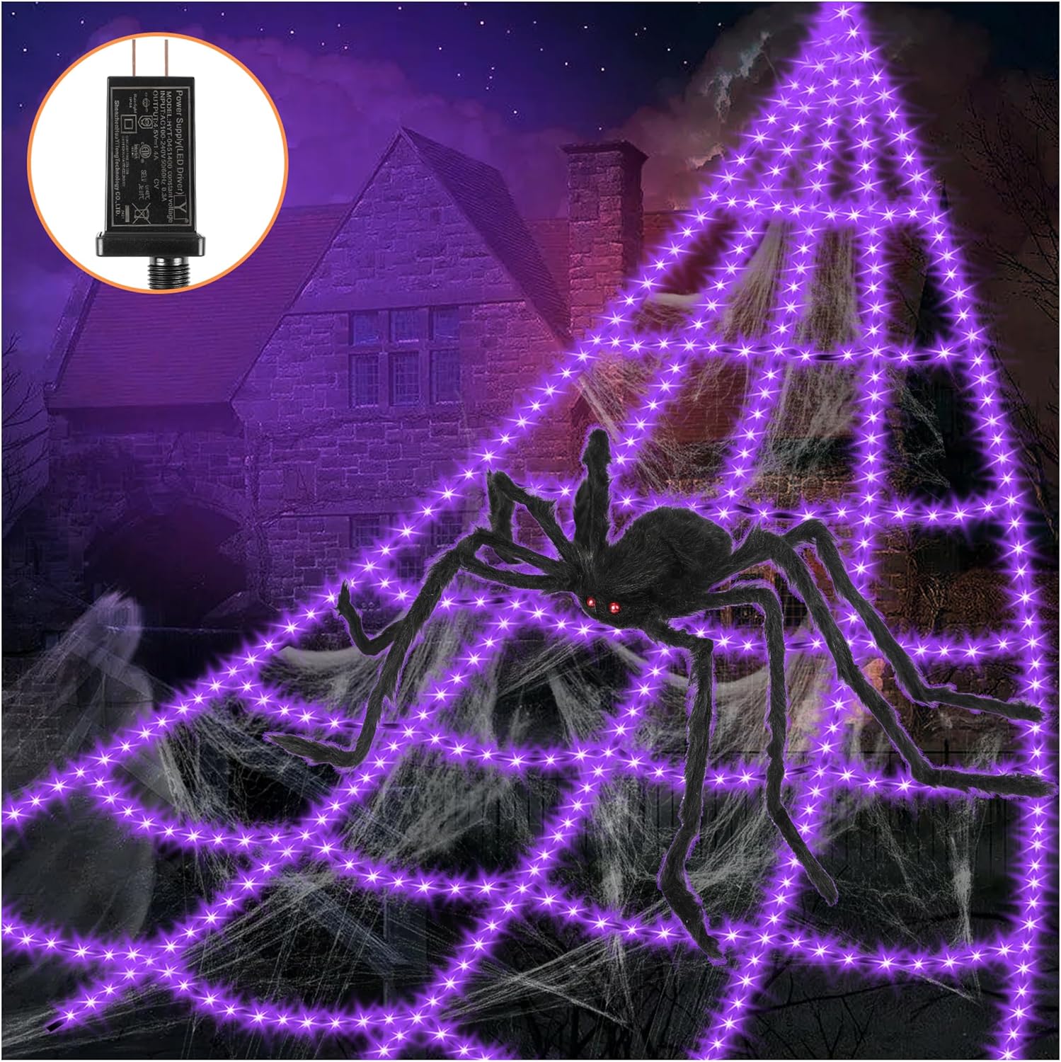 Halloween Decorations Outdoor Spider Web Lights - 16.4Ft Light Up Spider Web wit...