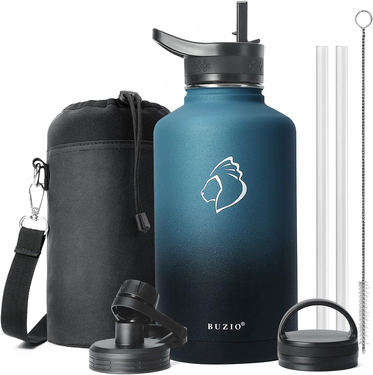 BUZIO Water Bottle with Straw lid, Spout Lid, Hand Lid and Carrying Pouch, 32oz...