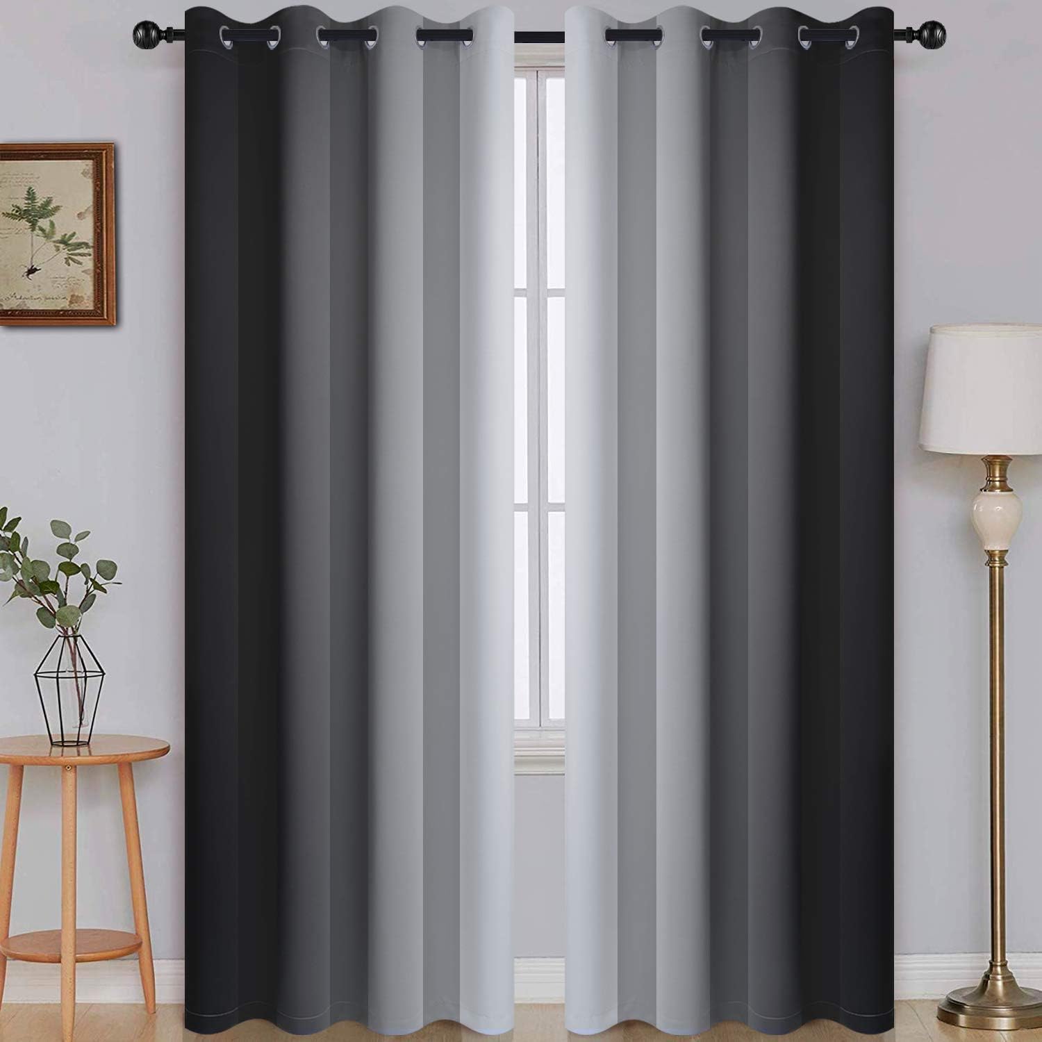 SimpleHome Ombre Room Darkening Curtains for Bedroom, Gradient Black to Grey Whi...