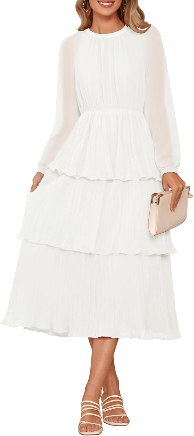 ZESICA Women's Dress, Special Long Sleeve Crew Neck Dress, Innovative Ruffle Tie...