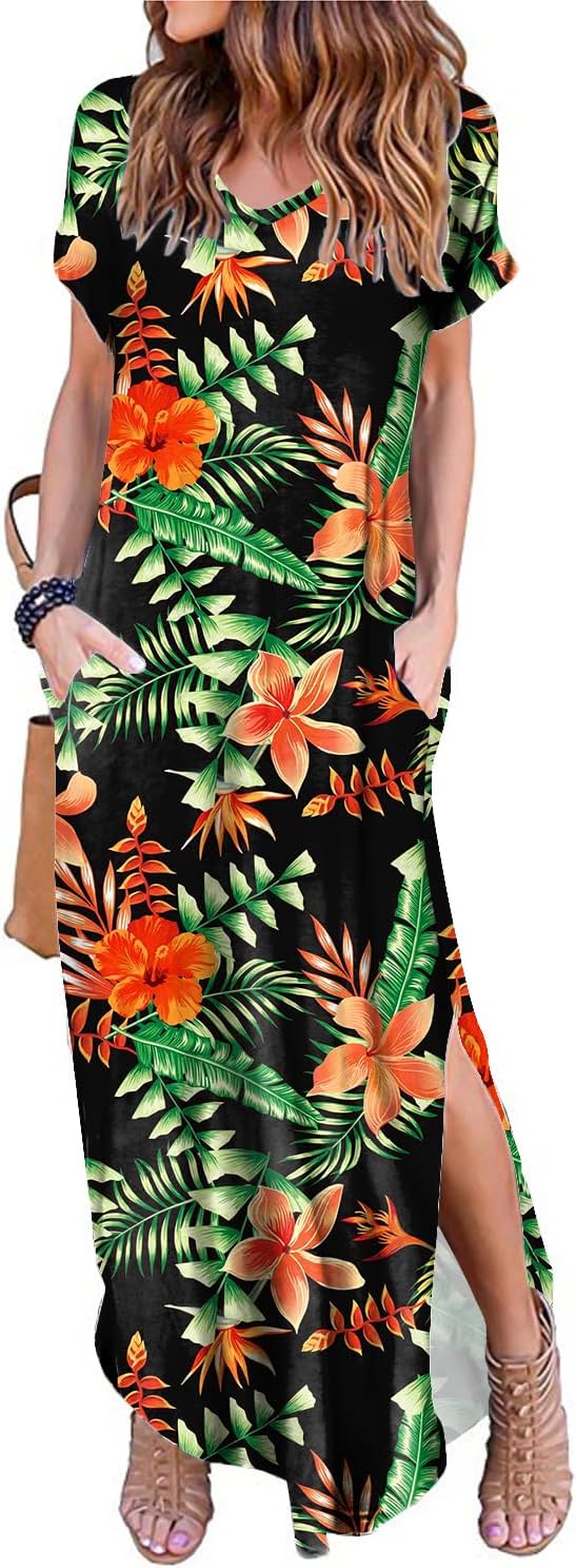 Arolina Women's Summer Maxi Dress Short Sleeve V Neck Casual Loose Long Beach Sp...